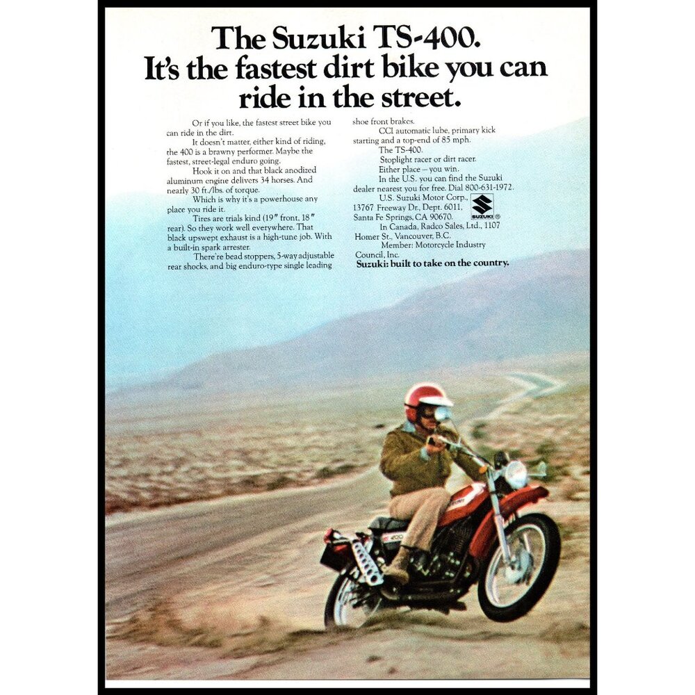 1972 Suzuki TS-400 Enduro Dirk Bike Vintage Print Ad Desert Highway Wall Art